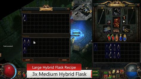 Hybrid flask recipe - Small Hybrid Flask recovers 70 Mana over 5.00 seconds, recovers 100 Life over 5.00 seconds, and consumes 20 of 40 Charges on use. It requires Level 10. Small Hybrid Flask Vendor Recipes Outcome Recipe 1x Medium Hybrid Flask 3x Small Hybrid Flask 1x Small Hybrid Flask 1x Small Life Flask 1x Small Mana Flask 1x …